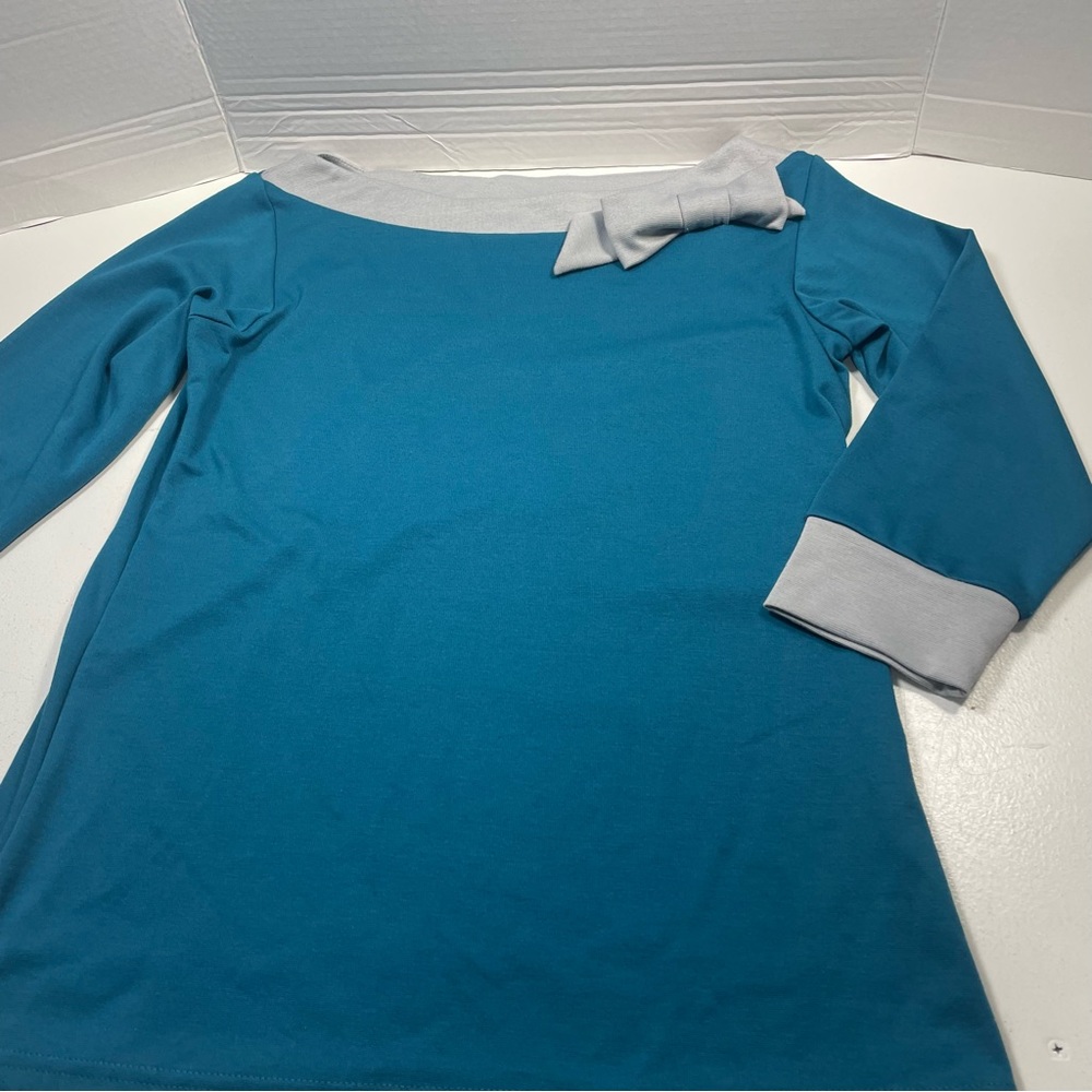 Rocksteady 3/4 Sleeve Teal and Grey Boatneck Knit Top XL